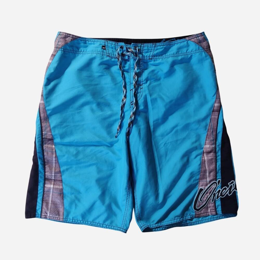 Y2K O'Neill blue plaid board shorts with black side stripe